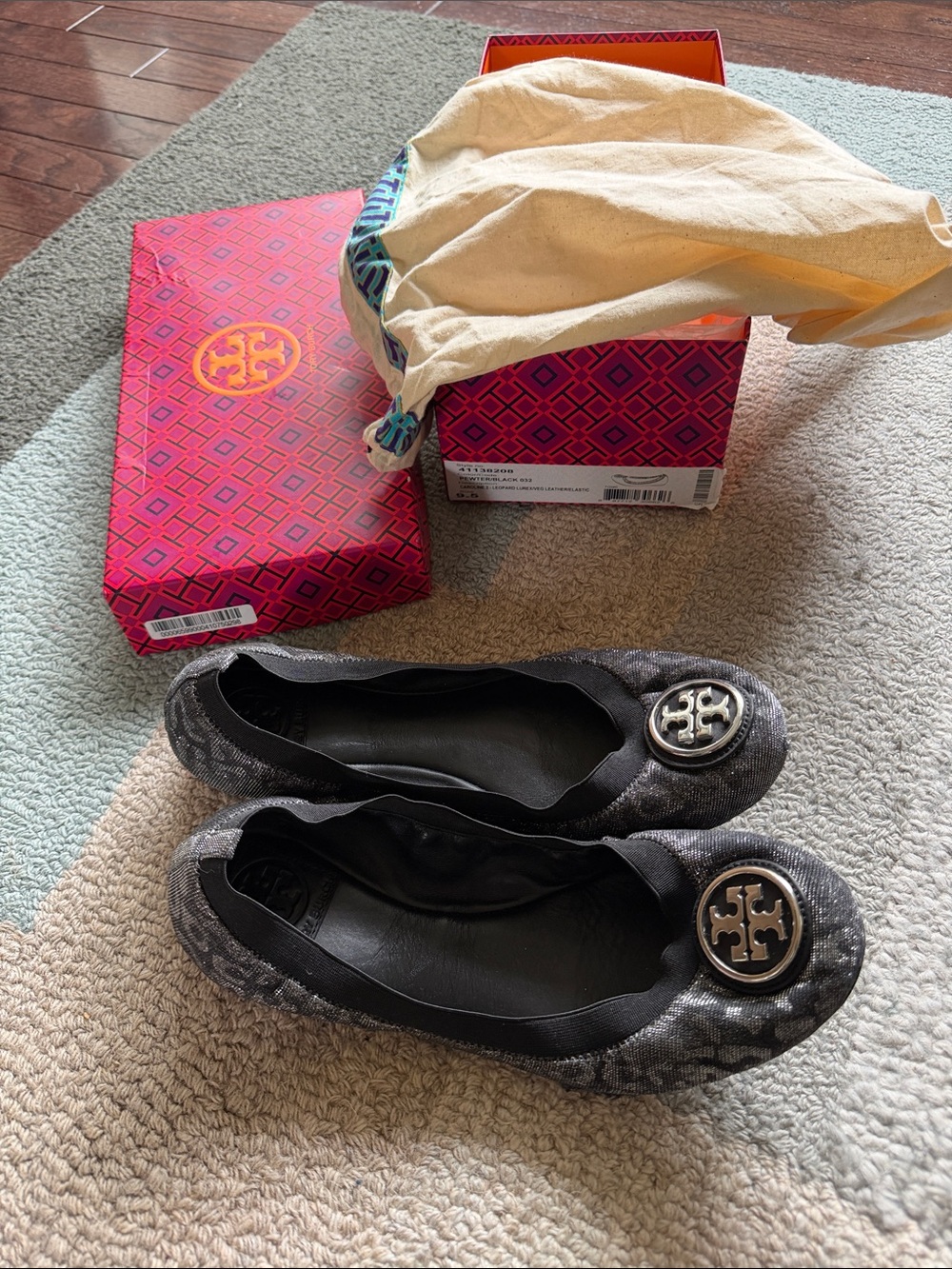 Tory Burch Pewter/Black Caroline Logo Ballet Flats